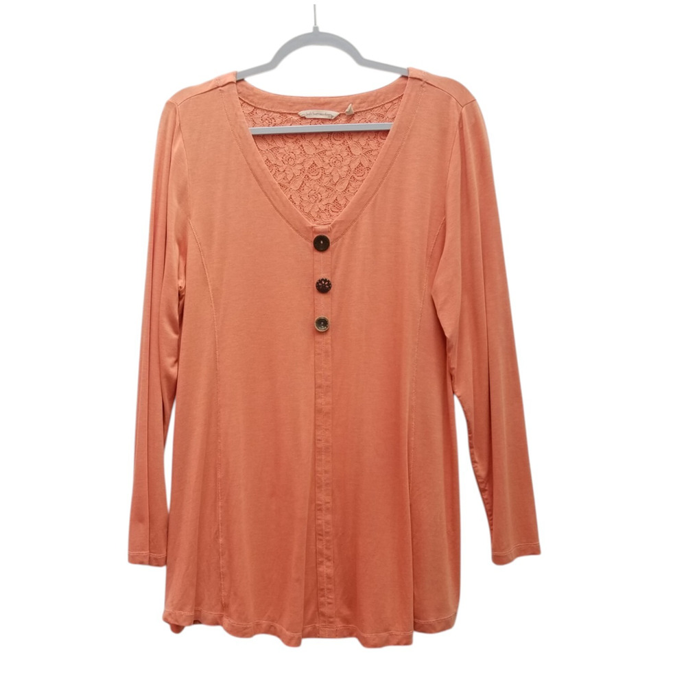 Soft Surroundings Orange Tunic Top XL Long Sleeve V neck Soft Knit Boho Buttons